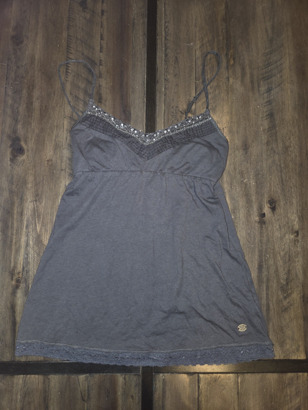 Abercrombie & Fitch Babydoll Cami Charcoal Gray Y2K Lace & Bead Trim Tank